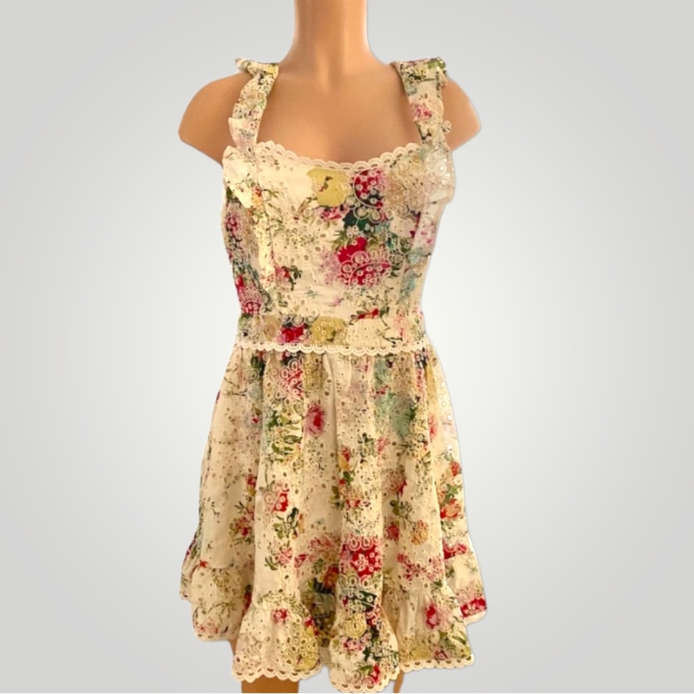 Indikah by Angel Biba Floral Eyelet Apron Mini Dress Size Small